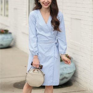 J Crew Poplin Classic Wrap Dress in Blue Stripe